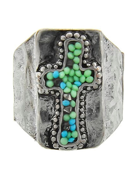 Turquoise Seed Bead Stretch Cross Ring - Posh Equestrian - 1