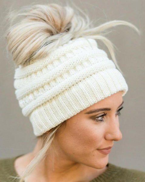 Knitted Messy Bun/Pony Tail Beanie Hat in Cream