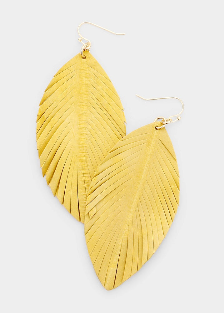 Yellow Leather Fringed Leaf Earrings