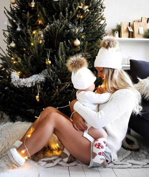 Mommy and Me Warm Knit Beanie with Pom Pom