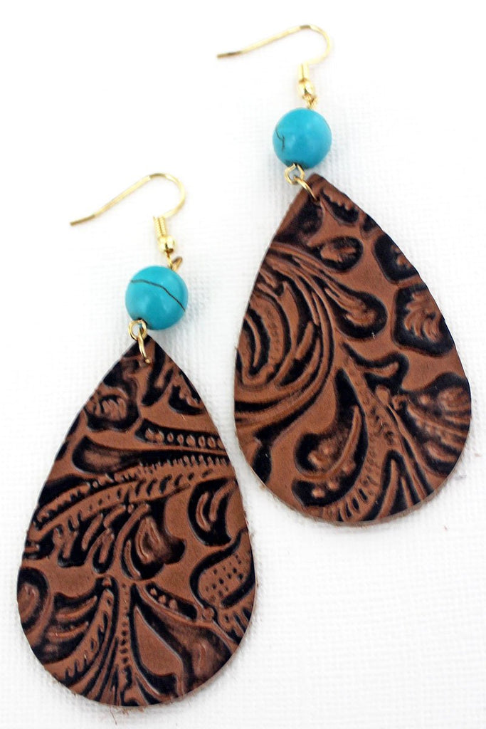 Turquoise Beaded Stamped Leather Earrings