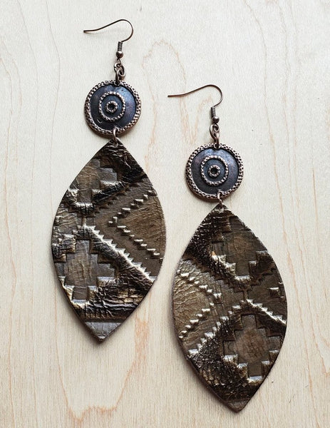 Leather Oval Earrings in Multi Colored Brown with Copper Accent