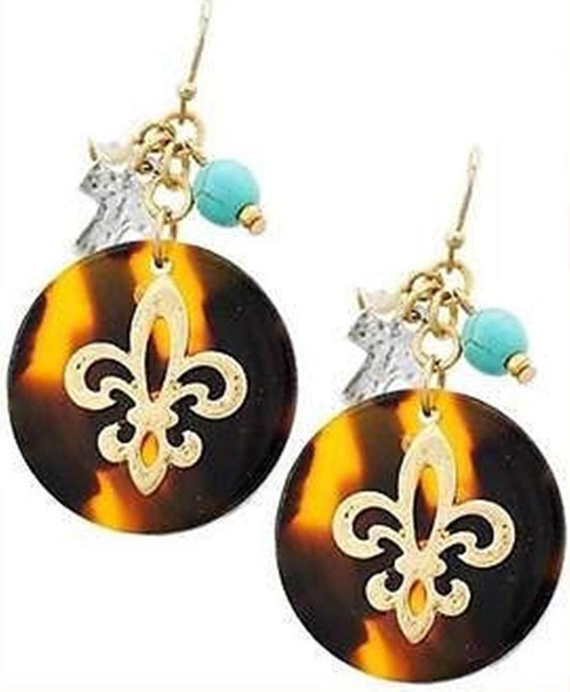 Faux Tortoiseshell Fleur de Lis Cross Earrings - Posh Equestrian