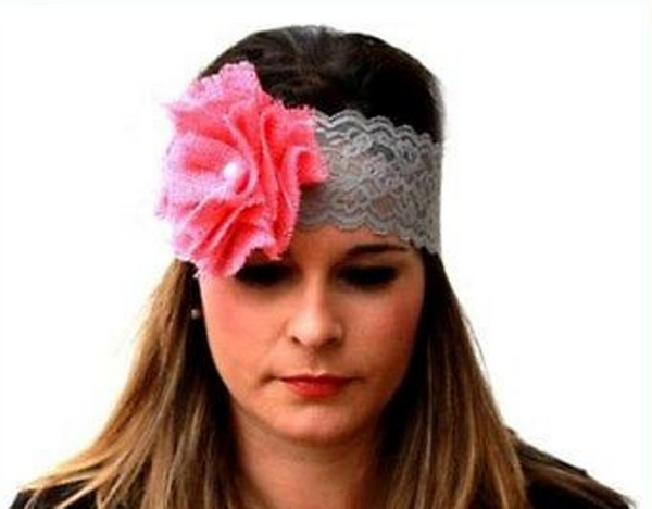 Handmade Rural Haze Pink Burlap and Gray Lace Headband - Posh Equestrian