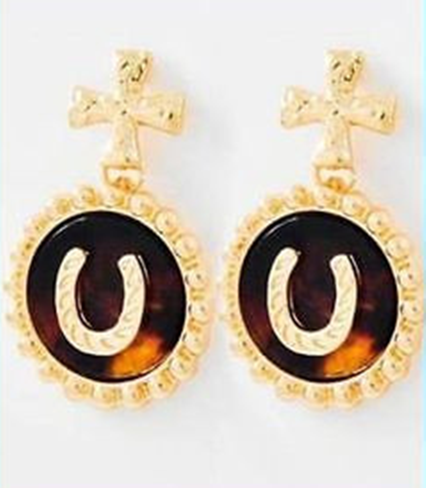 Faux Tortoiseshell Horse Shoe Equestrian Earrings - Posh Equestrian