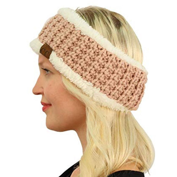 CC Sherpa Fleece Lined Thick Knit Headwrap in Metallic Rose 