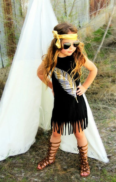 Precious Chid Boho Black and Gold Feather Fringe Dress - Posh Equestrian