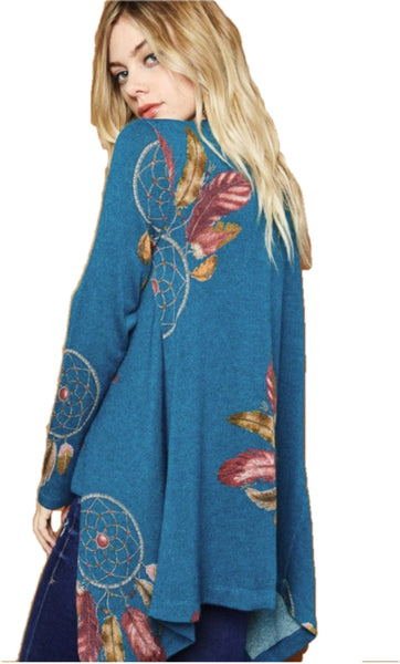 Indian Feather Knit Open Front Cardigan