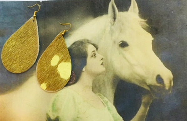 Handcrafted Gold Hair On Hide Leather Teardrop Earrings
