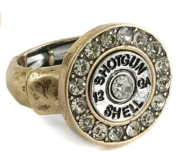 Gold Rhinestone Western Shotgun Shell Ring