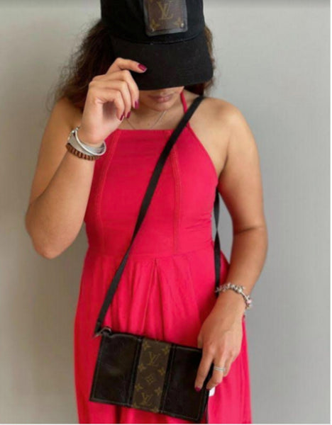 Black Corduroy Cap with Upcycled Genuine LV Detailing by Keep It Gypsy 