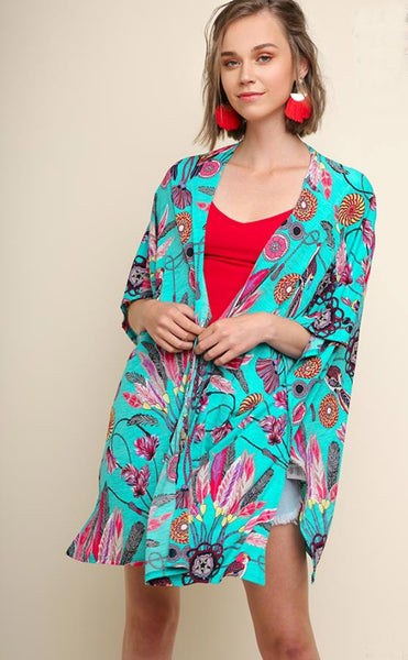 Feather and Bird Tribal Boho Print Kimono 