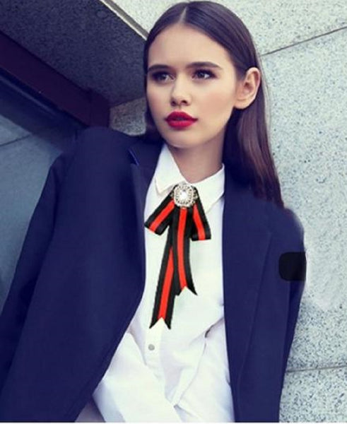 Bejeweled Grosgrain Bow Ribbon Brooch