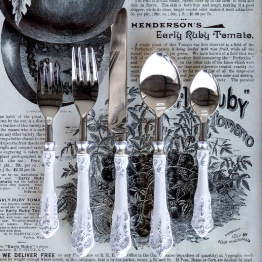 Milk Bucket White Embossed Enamel Flatware, Set of 5