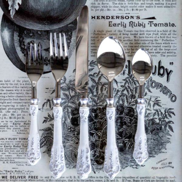 Milk Bucket White Embossed Enamel Flatware, Set of 5