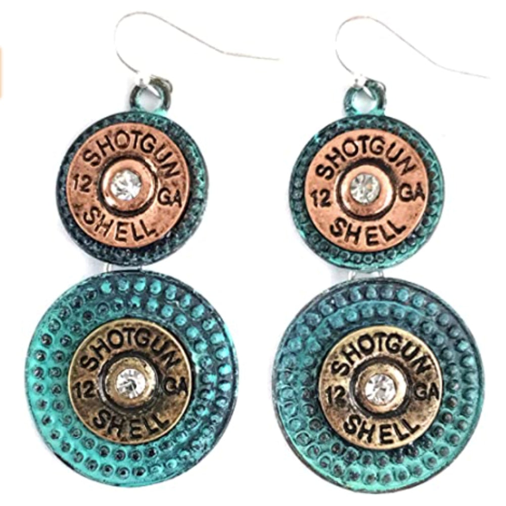 Patina and Copper Tiered 12-Gauge Bullet Earrings 