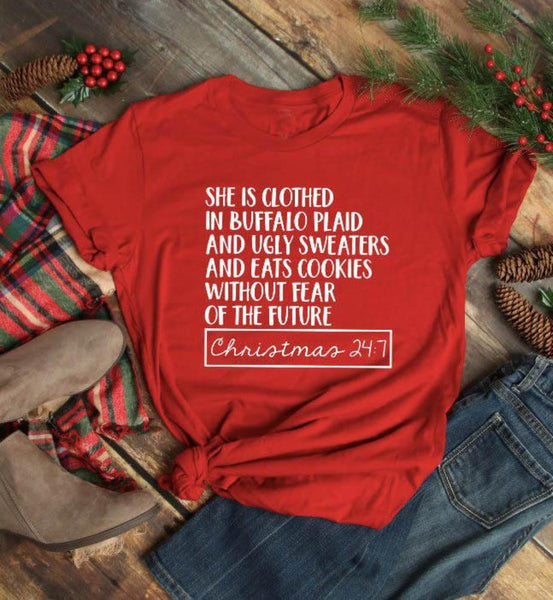 She Is Clothed in Buffalo Plaid Holiday Tee