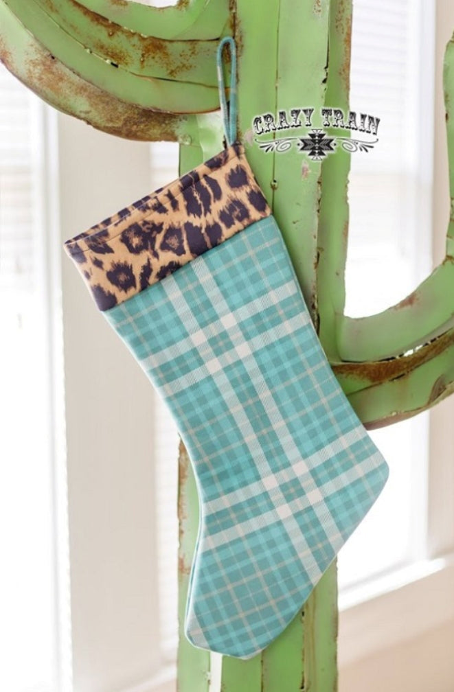 Sassy Santa Leopard and Turquoise Plaid Christmas Stocking by Crazy Train