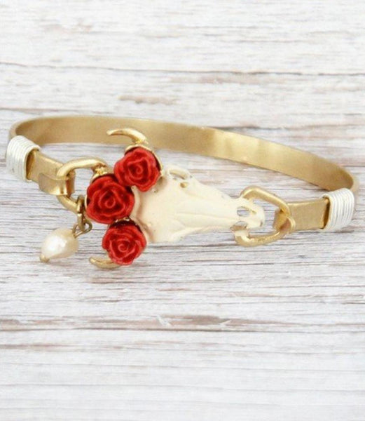 Red Rose Steer Head Bangle Bracelet