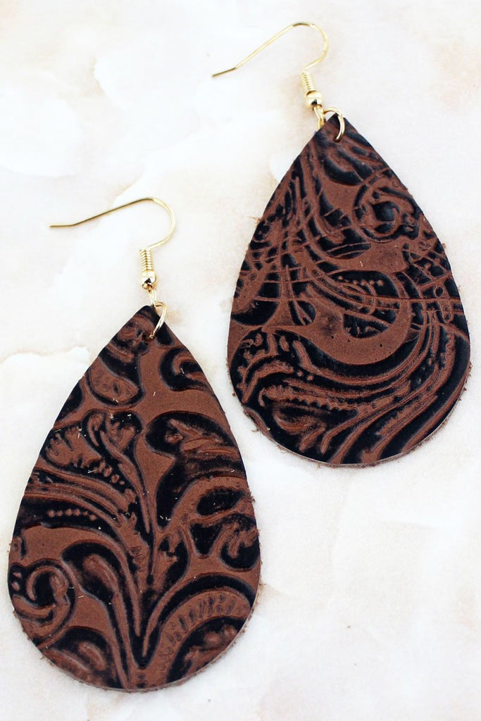 Brown Leather Teardop Earrings