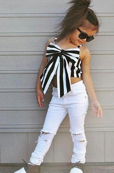 Bowknot Top with Distressed White Jeans for Your Precious Babe