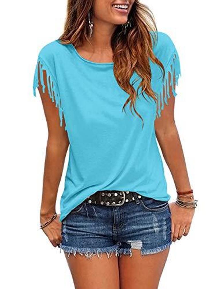 Monterey Fringed Sleeve Top in Lake Blue 
